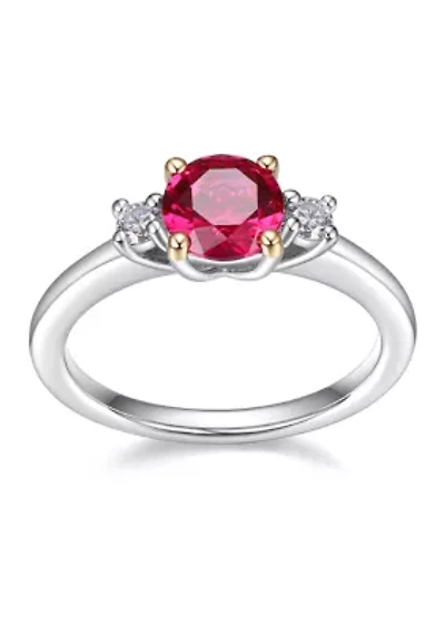 Rhodium Plated Sterling Silver Women's Created Blue Sapphire or Ruby and Lab Grown Diamond Ring