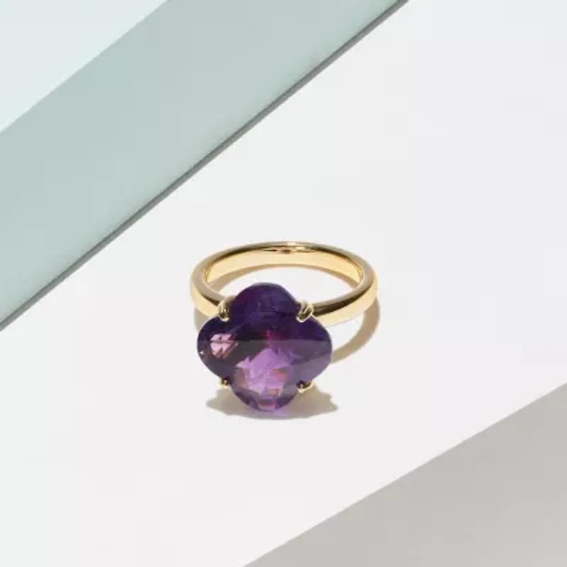 African Amethyst Clover Ring 18K Yellow Gold Over Sterling Silver