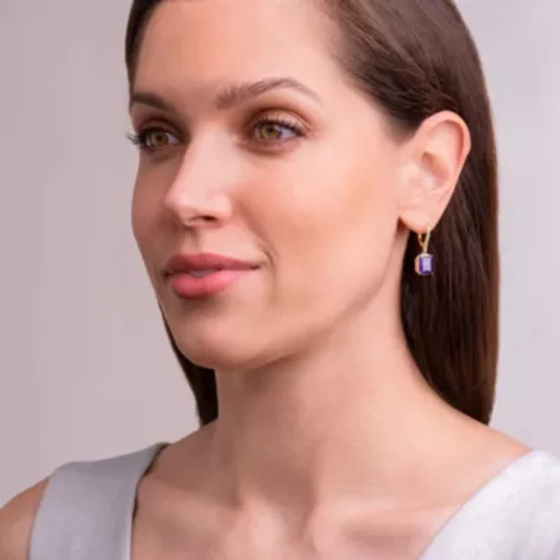 Emerald Cut Genuine Gemstones Leverback Earrings 18K Gold-plated Sterling Silver