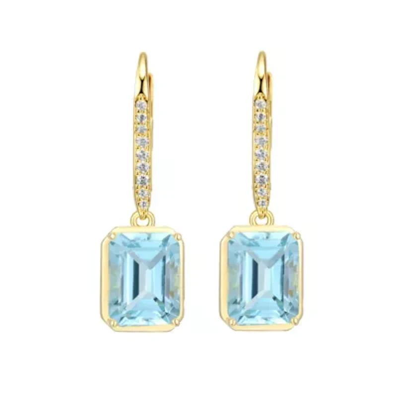 Emerald Cut Genuine Gemstones Leverback Earrings 18K Gold-plated Sterling Silver