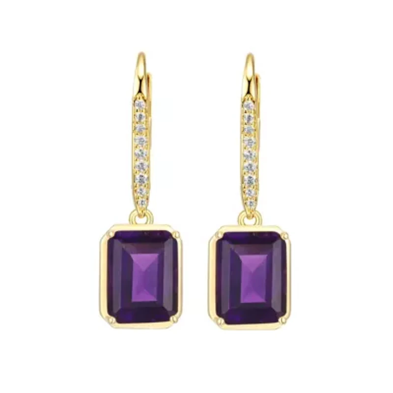 Emerald Cut Genuine Gemstones Leverback Earrings 18K Gold-plated Sterling Silver