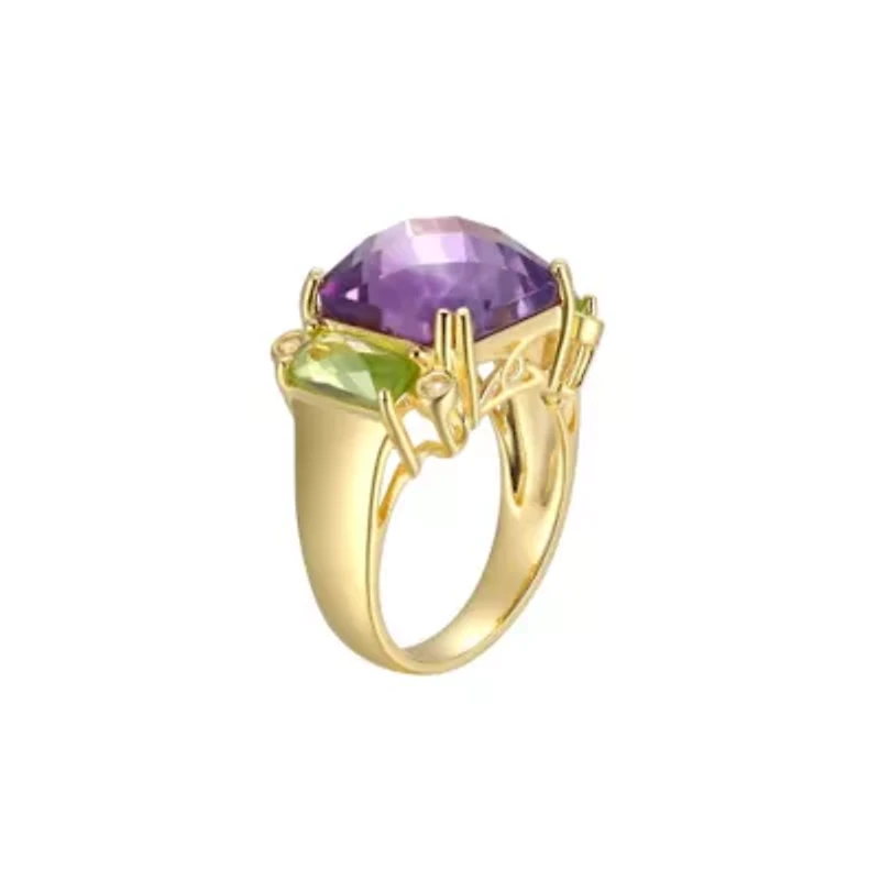 Genuine Amethyst and Peridot Ring 18K Gold-plated Sterling Silver