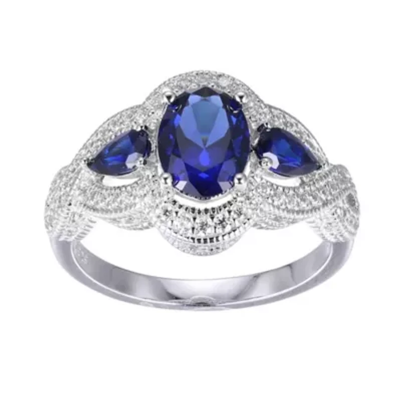 Lab Created Blue Sapphire and Cubic Zirconia Ring Rhodium-plated Sterling Silver