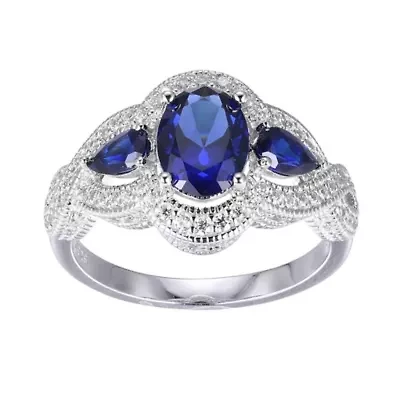 Lab Created Blue Sapphire and Cubic Zirconia Ring Rhodium-plated Sterling Silver