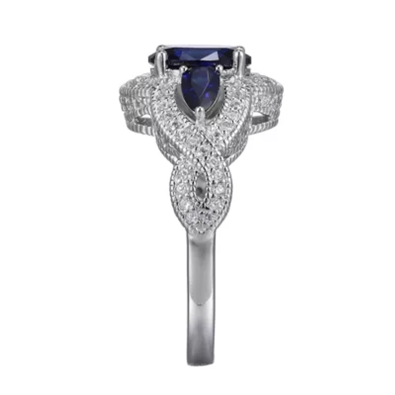Lab Created Blue Sapphire and Cubic Zirconia Ring Rhodium-plated Sterling Silver