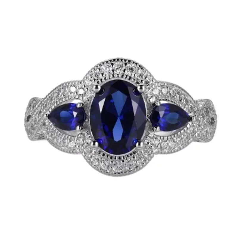 Lab Created Blue Sapphire and Cubic Zirconia Ring Rhodium-plated Sterling Silver