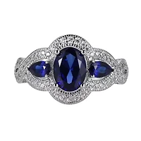 Lab Created Blue Sapphire and Cubic Zirconia Ring Rhodium-plated Sterling Silver