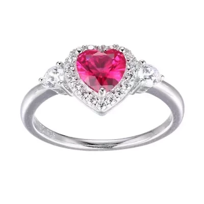 Lab Created Ruby and Cubic Zirconia Heart Ring Rhodium-plated Sterling Silver