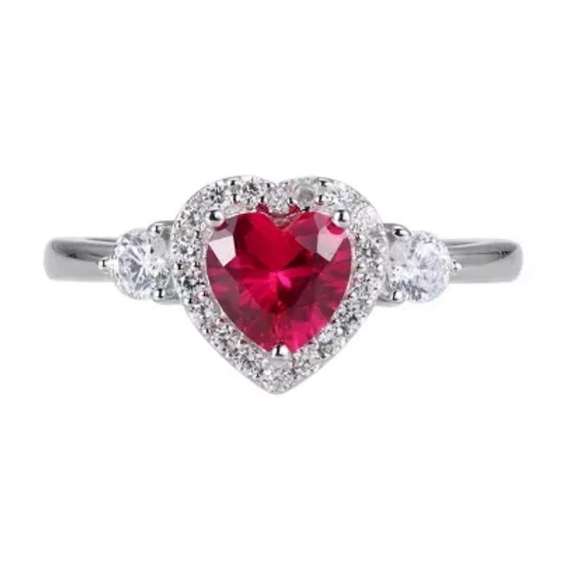Lab Created Ruby and Cubic Zirconia Heart Ring Rhodium-plated Sterling Silver