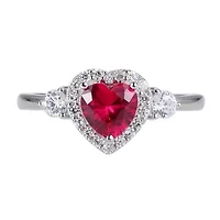 Lab Created Ruby and Cubic Zirconia Heart Ring Rhodium-plated Sterling Silver