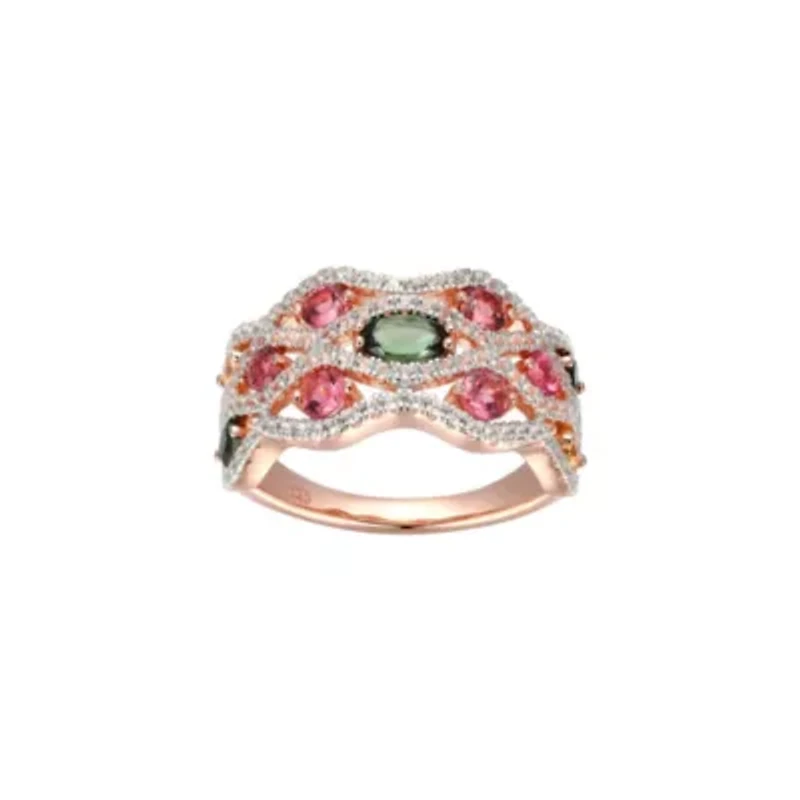 Green and Pink Tourmaline, Citrine White Topaz Ring 14K Rose Gold-plated Sterling Silver