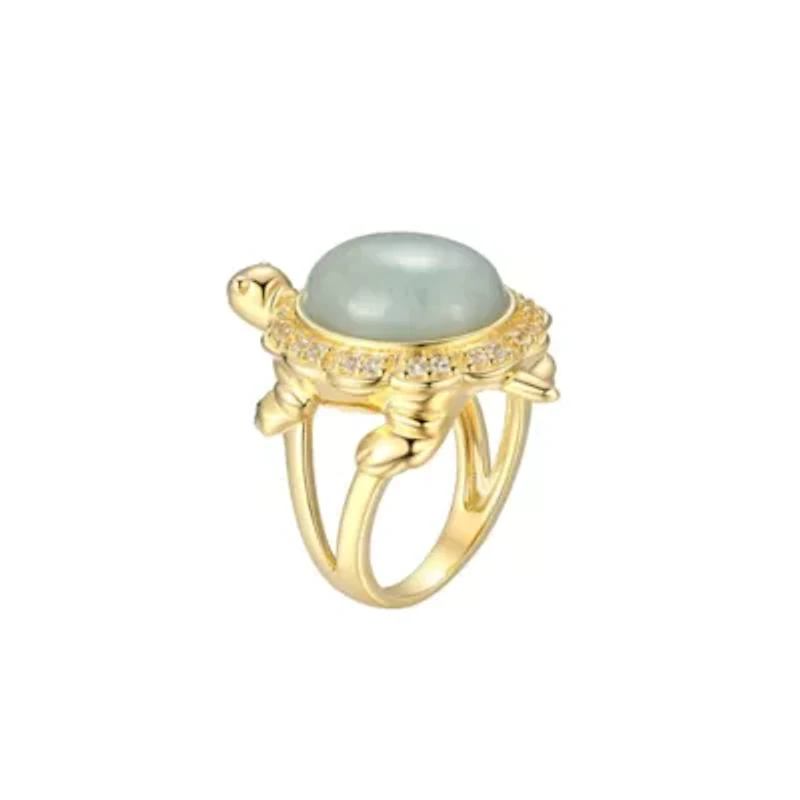 Lab Created Genuine Jade and White Sapphire Turtle Ring 18K Gold-plated Sterling Silver