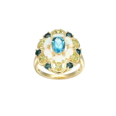 Lab Created Genuine London Blue Topaz, Opal and Peridot Ring 18K Gold-plated Sterling Silver