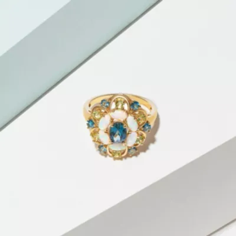 Lab Created Genuine London Blue Topaz, Opal and Peridot Ring 18K Gold-plated Sterling Silver