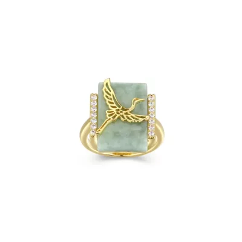 18k Gold Plated Sterling Silver Genuine Jade And Cubic Zirconia Crane Ring