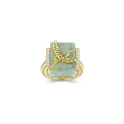 18k Gold Plated Sterling Silver Genuine Jade And Cubic Zirconia Crane Ring