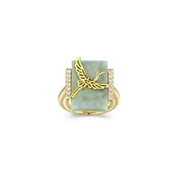18k Gold Plated Sterling Silver Genuine Jade And Cubic Zirconia Crane Ring