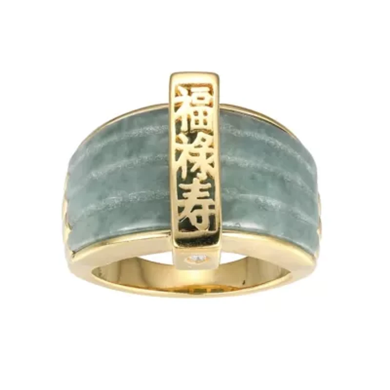 18k Yellow Gold-Plated Sterling Silver Genuine Jade Ribbed Ring