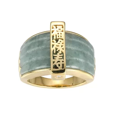 18k Yellow Gold-Plated Sterling Silver Genuine Jade Ribbed Ring