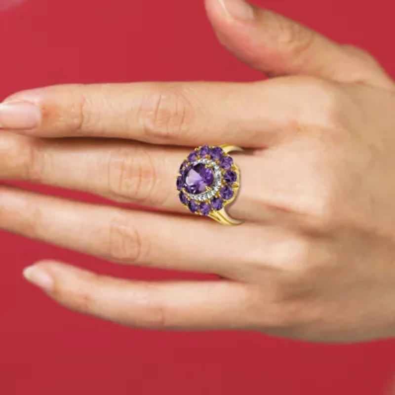 18K Yellow Gold Plated Sterling Silver Women's Genuine Gemstone with Diamond Accent Ring