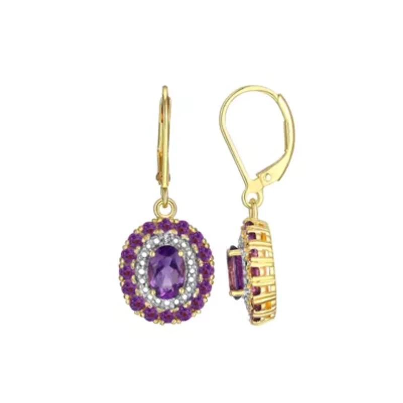 Genuine Gemstone and Diamond Accent Leverback Earrings 18K Gold-plated Sterling Silver