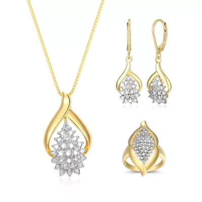 Diamond Accent Open Waterfall Earrings, Pendant and Ring Set  Gold Plated Sterling Silver
