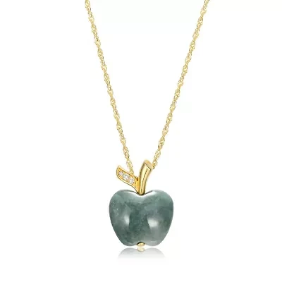 Genuine Jade Apple With White Topaz Necklace 18k Gold Plated Sterling Silver