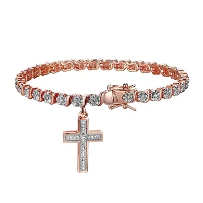 Diamond Accent Cross Bracelet Silver, 18K Yellow Gold or Rose Over Bronze