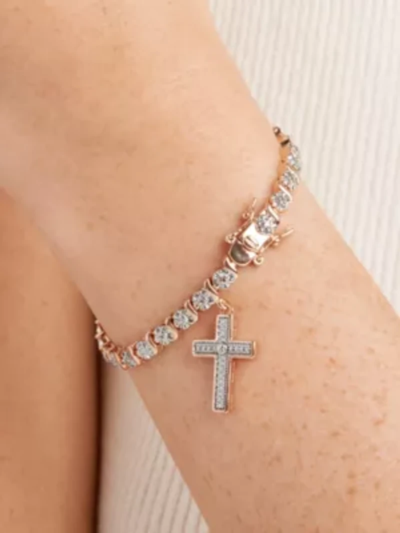 Diamond Accent Cross Bracelet Silver, 18K Yellow Gold or Rose Over Bronze