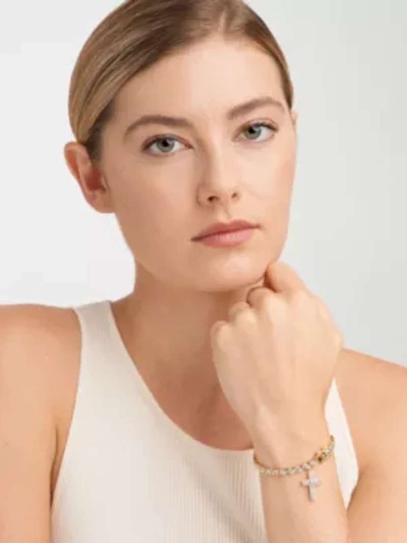 Diamond Accent Cross Bracelet in Silver, 18K Yellow Gold or 18K Rose Gold Over Bronze