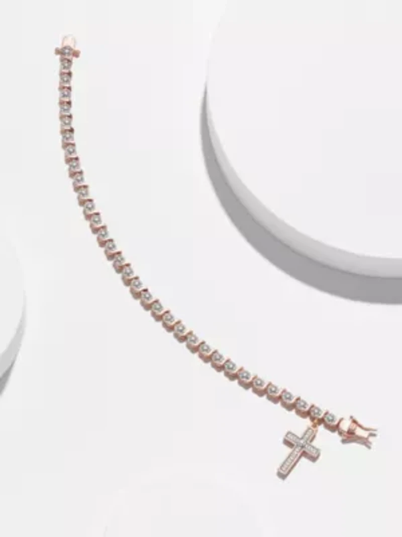 Diamond Accent Cross Bracelet Silver, 18K Yellow Gold or Rose Over Bronze