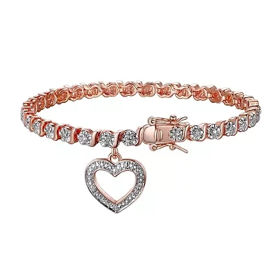 Diamond Accent Heart Bracelet Silver or 18K Rose Gold Over Bronze