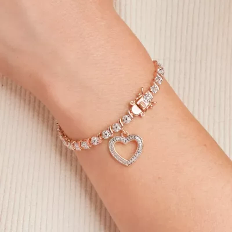 Diamond Accent Heart Bracelet Silver or 18K Rose Gold Over Bronze