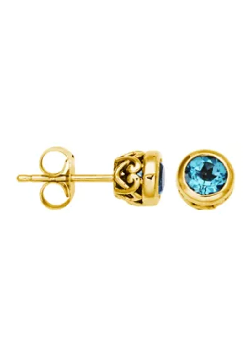 10k Yellow Gold Bezel-Set Solitaire Genuine Gemstone Stud Earrings; Available Blue Topaz, Garnet, Aquamarine or Opal