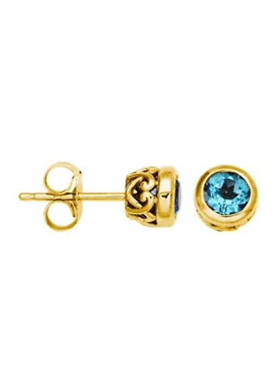 10k Yellow Gold Bezel-Set Solitaire Genuine Gemstone Stud Earrings; Available Blue Topaz, Garnet, Aquamarine or Opal