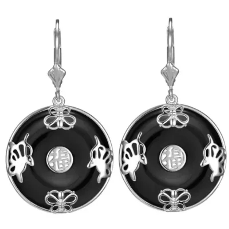 Black Onyx Circle Leverback Earrings Rhodium or 18K Gold Plated Sterling Silver