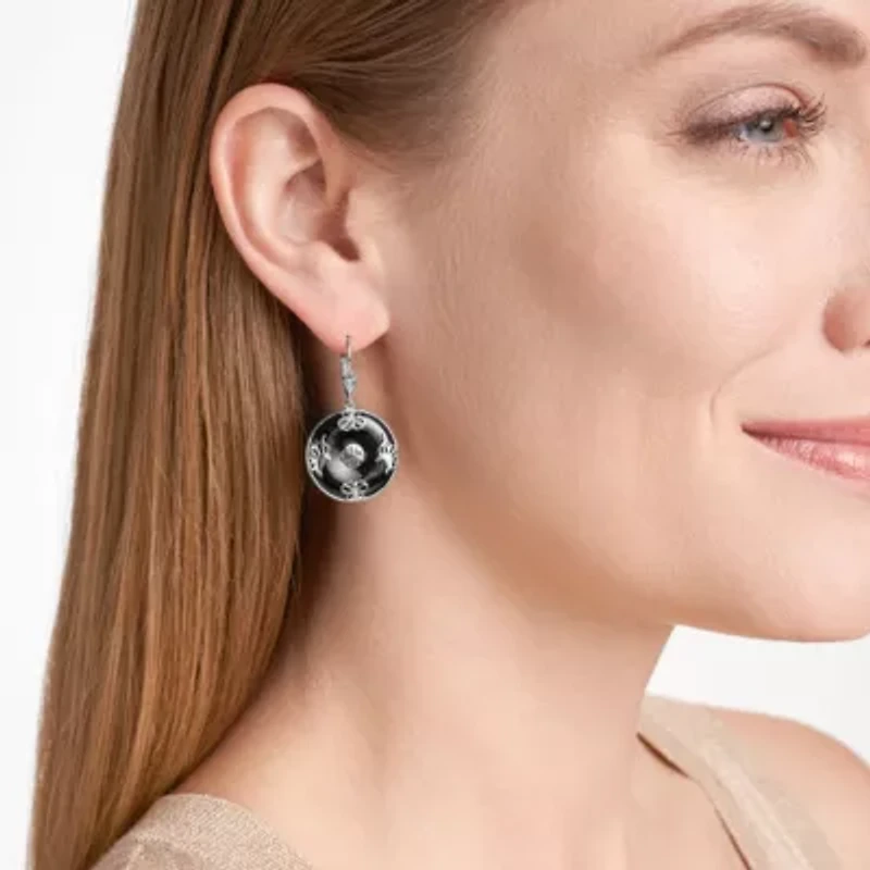 Black Onyx Circle Leverback Earrings Rhodium or 18K Gold Plated Sterling Silver