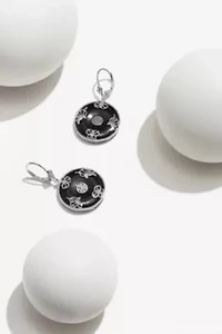 Black Onyx Circle Leverback Earrings Rhodium or 18K Gold Plated Sterling Silver