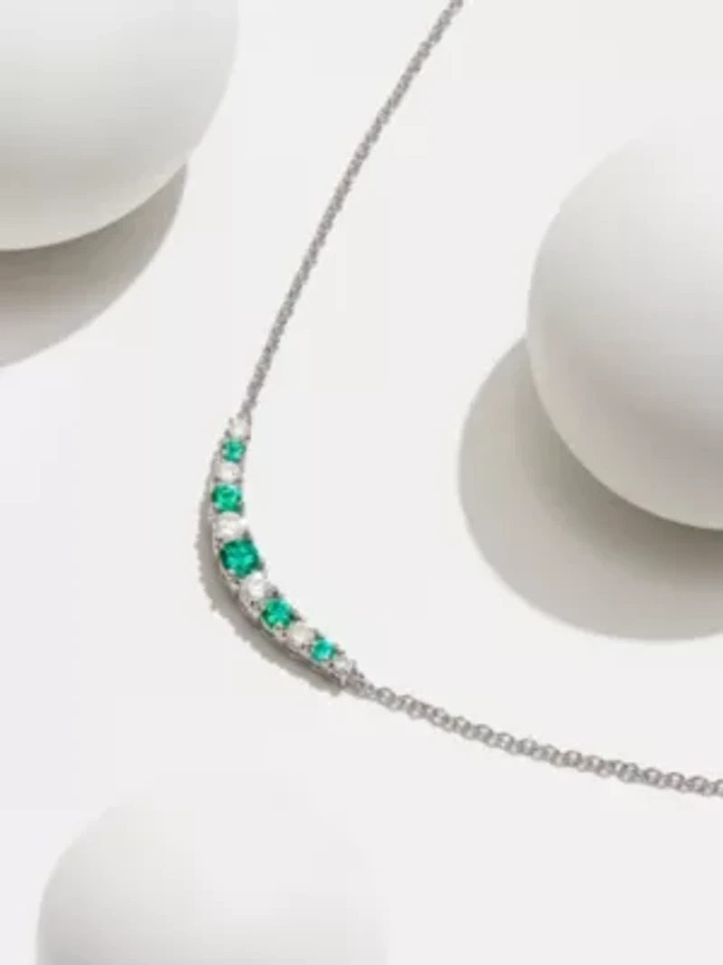 Lab Created Diamond and Gemstone Curved Cluster Bar Necklace Rhodium Plated Sterling Silver