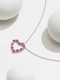 Lab Created Diamond and Gemstone Open Heart Pendant Necklace Rhodium Plated Sterling Silver