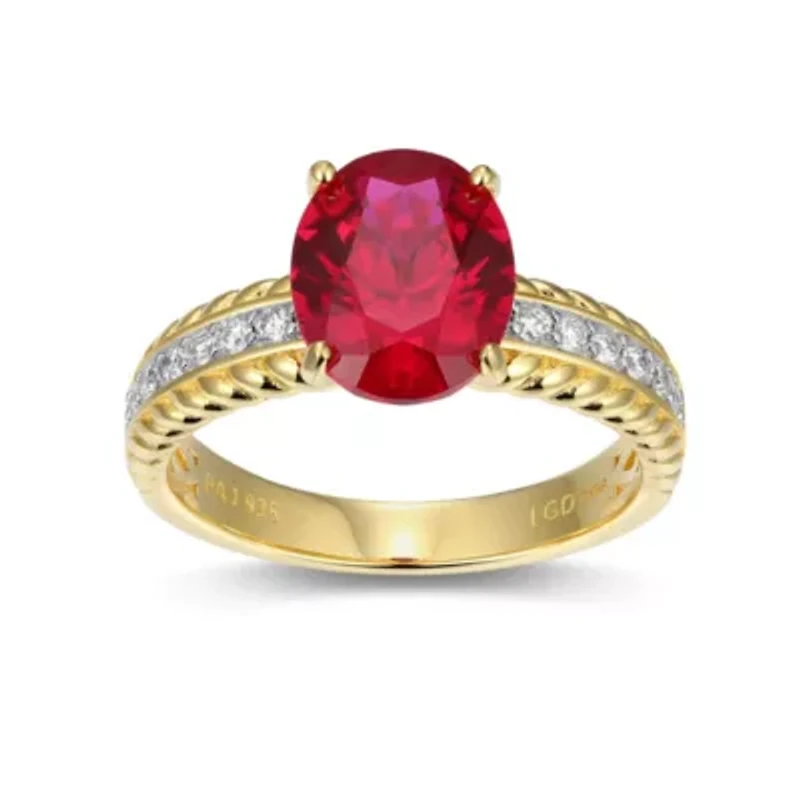 Lab Created Ruby and 1/5 CTTW Grown Diamond Oval Ring 18k Gold Plated Sterling Silver