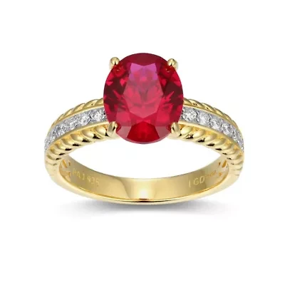 Lab Created Ruby and 1/5 CTTW Grown Diamond Oval Ring 18k Gold Plated Sterling Silver
