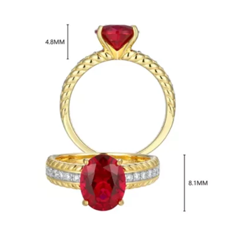 Lab Created Ruby and 1/5 CTTW Grown Diamond Oval Ring 18k Gold Plated Sterling Silver
