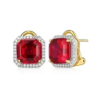 Lab Created 18K Yellow Gold Plated Sterling Silver Gemstone and 1/3 CTTW Grown Diamond Omega Clip Earrings