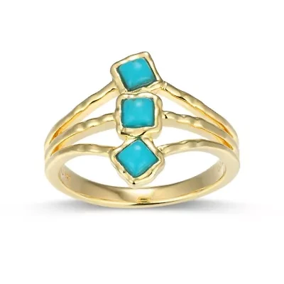 Genuine Turquoise Three Stone Ring 18k Gold Plated Sterling Silver