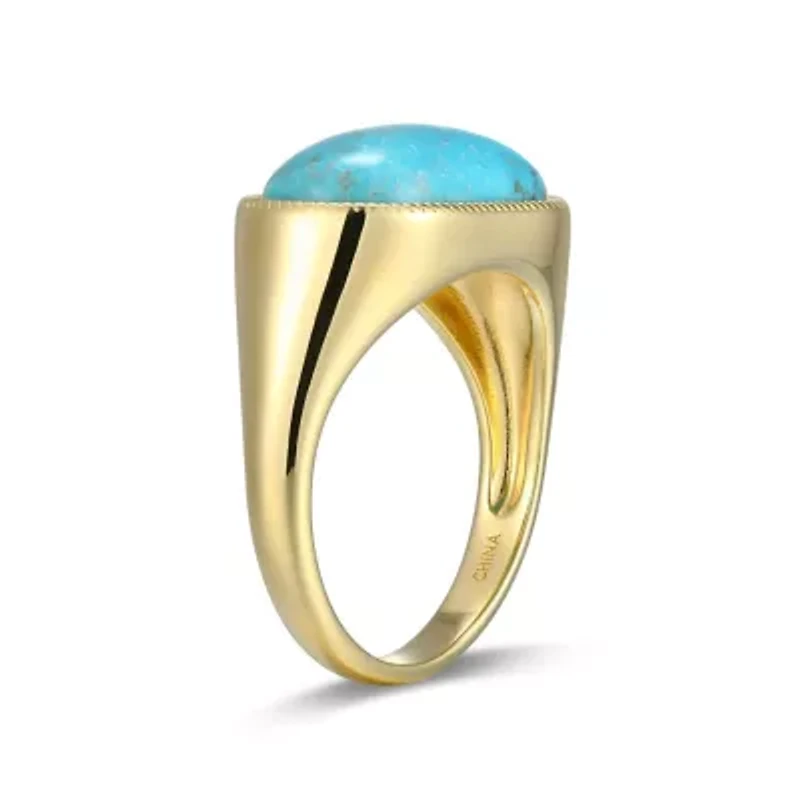 Genuine Turquoise Oval Ring 18k Gold Plated Sterling Silver