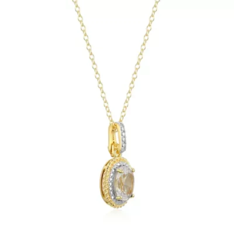 18K Yellow Gold Plated Sterling Silver Birthstone Gemstone and Diamond Accent Halo Pendant Necklace