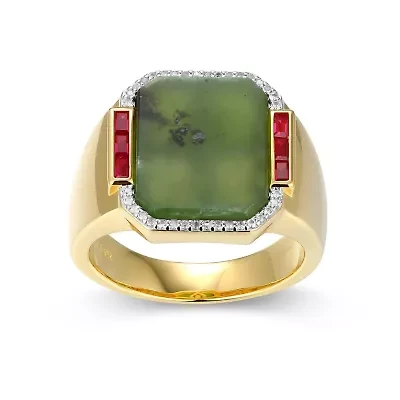 Men's Genuine Jade, Created Ruby, and White Sapphire Ring 18k Gold Plated Sterling Silver