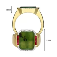 Men's Genuine Jade, Created Ruby, and White Sapphire Ring 18k Gold Plated Sterling Silver