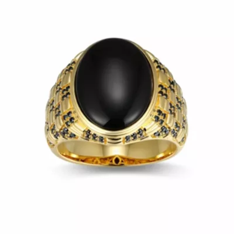 Men's Genuine Black Onyx and Spinel Ring 18k Gold Plated Sterling Silver